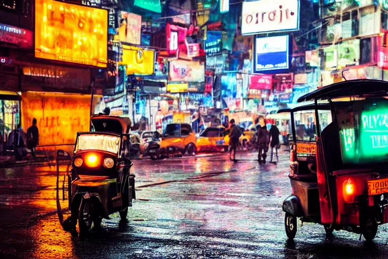 Image similar to a cinematic photograph of a tuk tuk going in a dystopian city street, rain falls, neon advertisement light up the street, ultra realistic, high definition