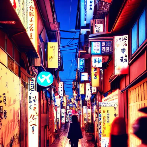 Image similar to japan narrow street with neon signs and a girl with umbrella wearing techwear, digital art, sharp focus, wlop, artgerm, beautiful, award winning, sythwave color style