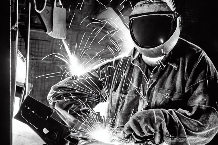 Prompt: close-up of Welder in welding mask in a subway, by Richard Avedon, tri-x pan stock