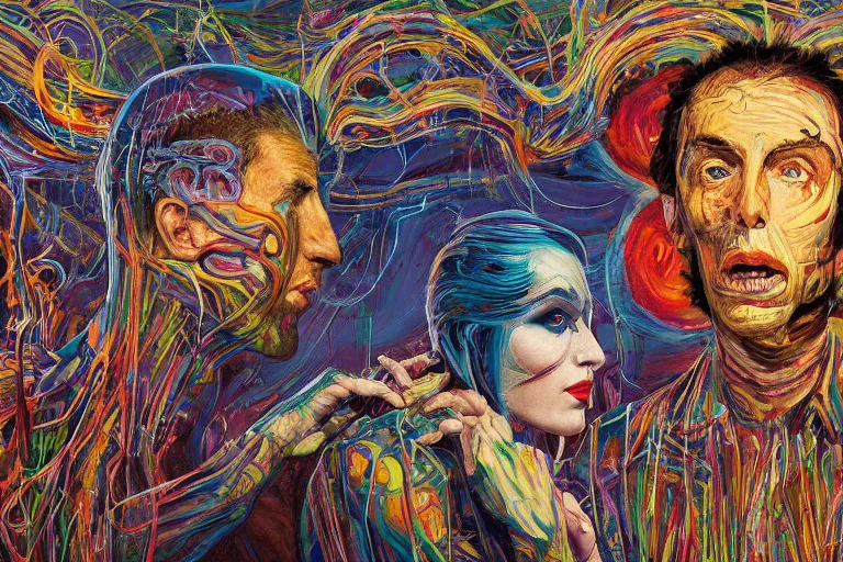 Prompt: expressionism painting of two lovers wearing a suit made of nervous system, channeling third eye energy, surrounded by a background of dark cyber mystic garden of earthly delights, midnight hour, painted part by francis bacon, part by josan gonzales, part by dan mumford, part by norman rockwell, part by gustave moreau, artstation, 4K, highly detailed,