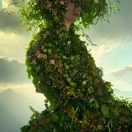 Image similar to a giant woman made of vines and leaves and a crown made of flowers towering over a tropical island, Dramatic Lighting, Trending on Artstation HQ, 4K, UHD.