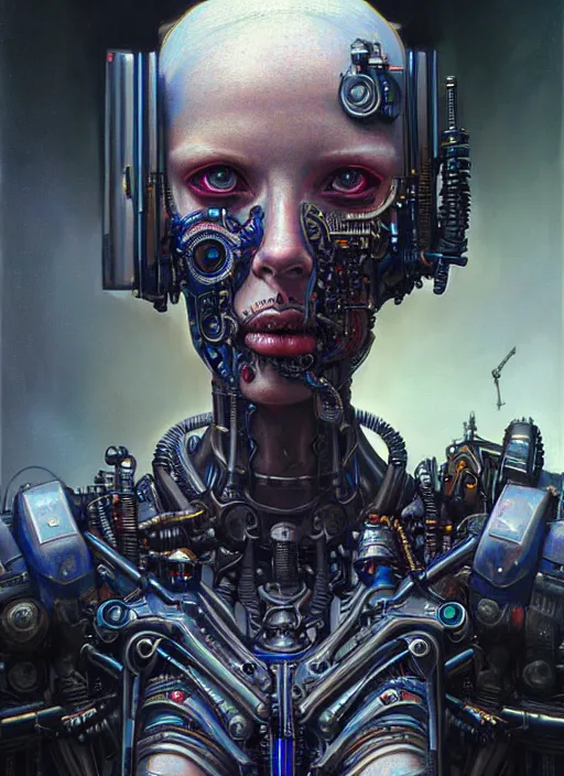 Image similar to portrait of a cyborg, hyper detailed masterpiece, dystopian background, jean giraud, digital art painting, darkwave goth aesthetic, lovecraftian, artgerm, donato giancola and tom bagshaw