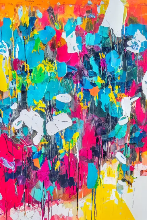 Image similar to abstract expressionist painting, paint drips, acrylic, wildstyle, clear shapes, maximalism, smeared flowers, large triangular shapes