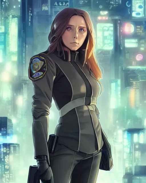 Image similar to anime key visual of elizabeth olsen police officer, cyberpunk, futuristic, perfect eyes, stunning features, perfect face!!, high details, digital painting, artstation, smooth face, soft focus, illustration, art by artgerm and greg rutkowski and alphonse mucha