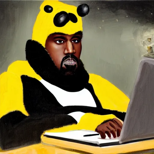 Image similar to kanye west in a bumblebee costume drinks coffee in front of a laptop, highly detailed, masterpiece, renaissance, oil on canvas