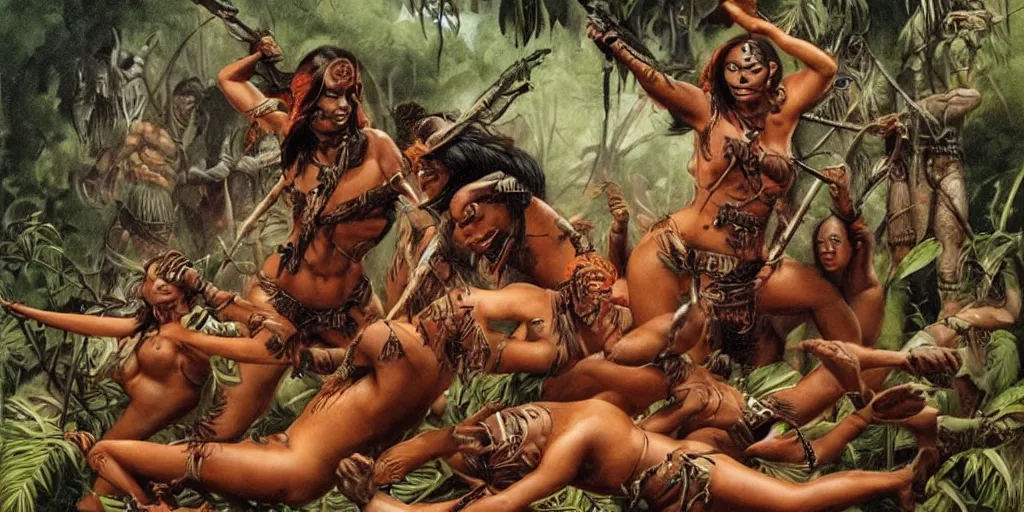 Image similar to battle in jungle, brutal aztec and Amazonian females fight, epic, vintage, blood, slight inspiration of Boris vallejo and apocalypto