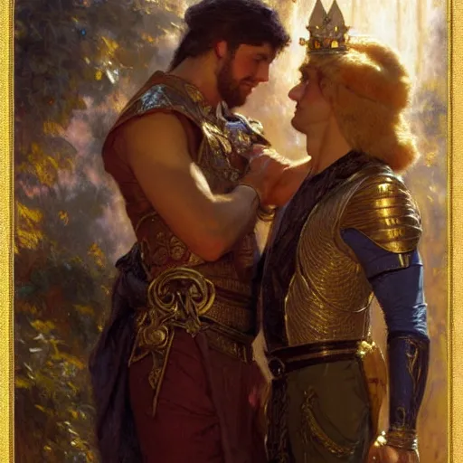 Image similar to attractive fully clothed king confesses his love for his attractive fully clothed male prince. highly detailed painting by gaston bussiere, craig mullins, daniel f. gerhartz, j. c. leyendecker 8 k