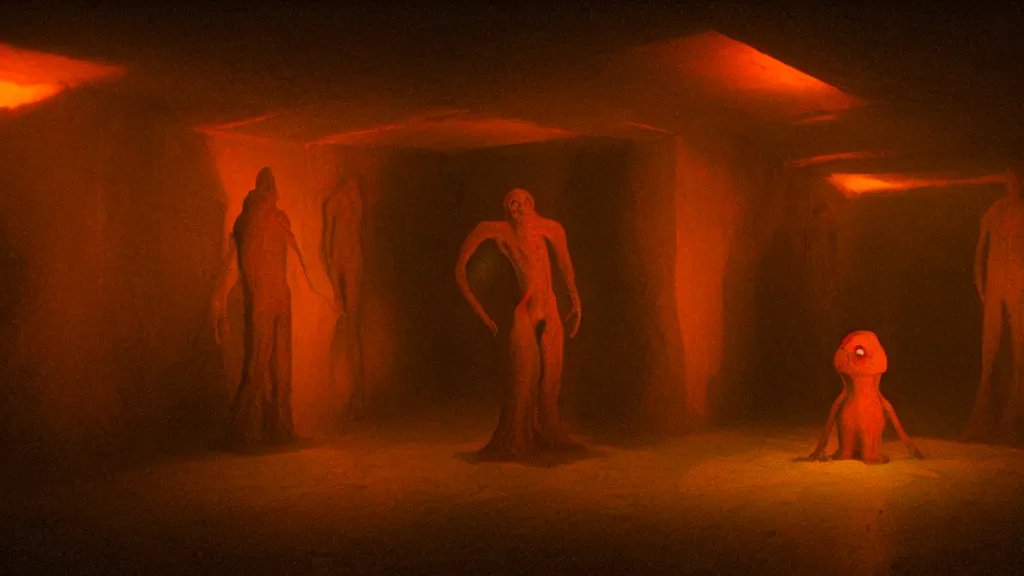 Image similar to the creature in the basement, made of glowing wax and ceramic, surrounded by enemies, film still from the movie directed by denis villeneuve and david cronenberg with art direction by salvador dali and zdzisław beksinski, wide lens