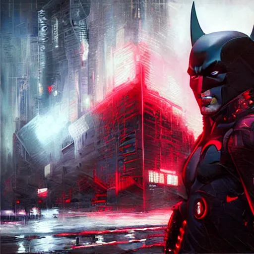 Image similar to cyberpunk batman, red symbol, futuristic, brush strokes, oil painting, city background, greg rutkowski