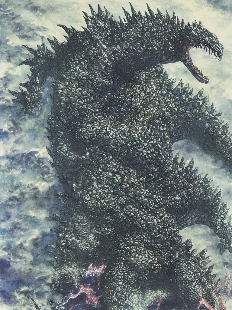 Image similar to Godzilla emerging from the sea to destroy a city as illustrated by Yoshitaka Amano. 1991. Watercolor and Acrylic on Paper