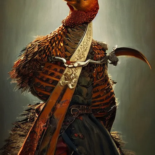 Image similar to a pheasant is girded with a belt, a sword hangs on the belt, by lily seika jones , rivuletpaper art, top cinematic lighting, cinematic mood, very detailed, shot in canon, by Viktor Vasnetsov, oil painting, harsh fairy tale, soft style, hyperrealism, beautiful, high resolution, trending on artstation,