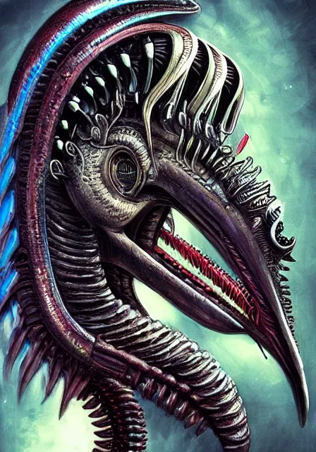 Image similar to a hummingbird - xenomorph, designed by h. r. giger, sci fi, intricate, extremely hyperdetailed, sharp focus, masterpiece, trending on artstation