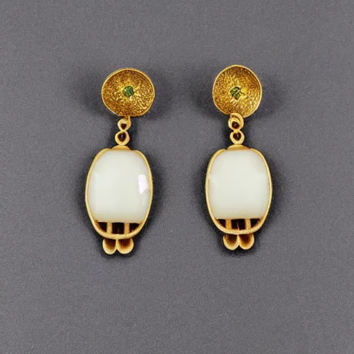 Prompt: creepy artnouveau style earrings made of gold ivory emerald