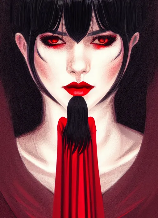 Image similar to portrait of vampire veronica lodge with bangs, vampire fangs, vampire, long hair, red clothes, bangs, vampironica, intricate, elegant, glowing lights, highly detailed, digital painting, artstation, concept art, smooth, sharp focus, illustration, art by wlop, mars ravelo and greg rutkowski