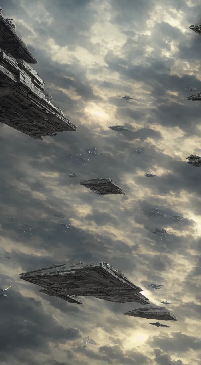 Prompt: imperial star destroyer hovering in the sky over manhattan, tie fighters zipping by, dramatic sky, cinematic, wide angle establishing shot, fantasy, hyperrealism, craig mullins, greg rutkowski, pete morbacher, tuomas korpi, tekkon kinreet, volumetric light, octane render, photorealistic concept art, highly detailed, very intricate