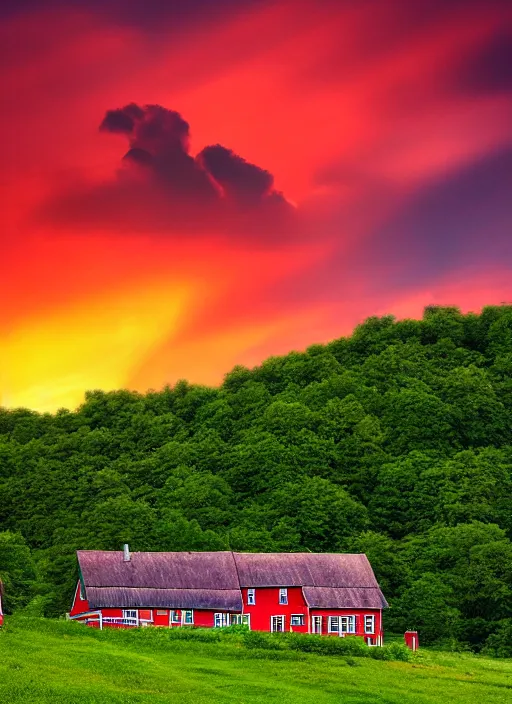 Prompt: red mountain ash, green fence, wooden house, village, clouds in the sky, sunset, summer