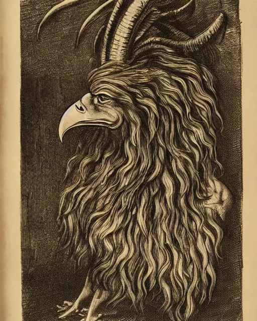 Image similar to a creature with the body and eyes of a man, with the beak of an eagle, the mane of a lion, and the horns of an ox. drawn by francis bacon