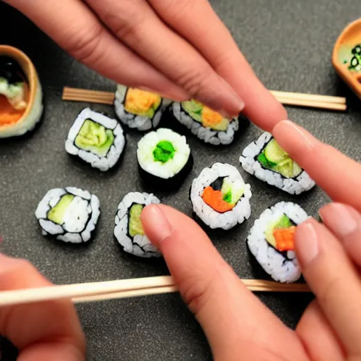 Image similar to detailed miniature people making sushi, tilt shift