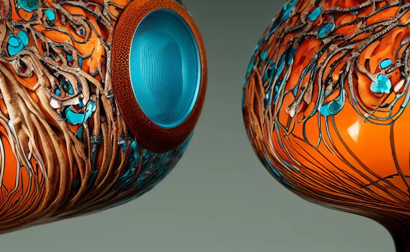 Image similar to Harman Kardon Speaker inspired by Art nouveau , fungi, fractal roots, honey, glaze, orange with teal details, designed by Antoni Gaudí, Sigma 85mm f/8 1/1000 sec shutter, high detail, Sotheby\'s