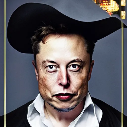 Image similar to photo of elon musk in the shape of a musketeer, he has a big black hat and holds a shiny rapier sword