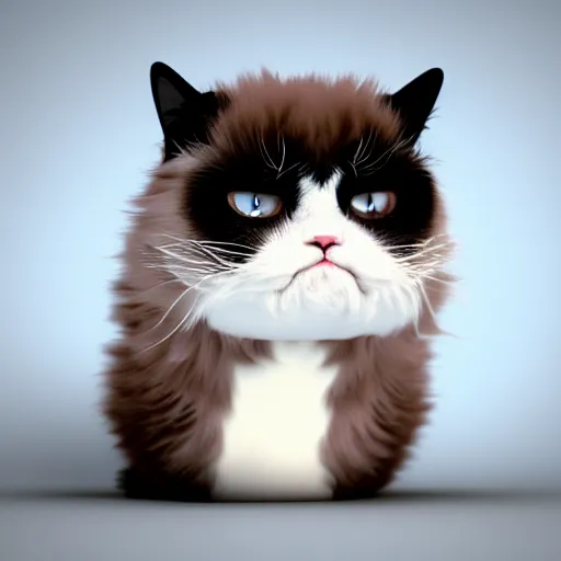 Image similar to cute chthonic fluffy grumpy cat, vray render, 50mm lens, bottom angle