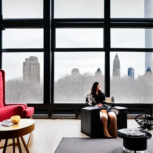 Image similar to modern loft overlooking central park in winter, snowing, fireplace roaring, woman sitting in modern leather chair looking out the window, warm lighting, blizzard outside, nyc