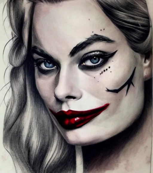 Image similar to tattoo design sketch of beautiful margot robbie portrait with joker makeup, in the style of den yakovlev, realistic face, black and white, realism tattoo, hyper realistic, highly detailed, faded drawing