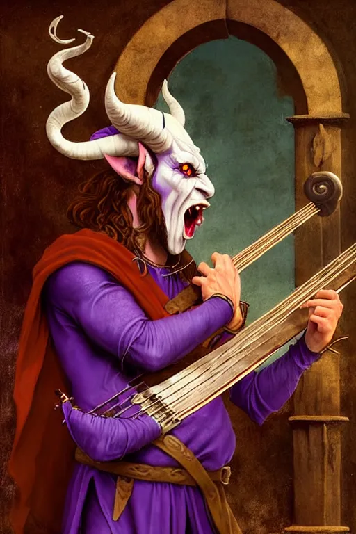 Prompt: tiefling bard with white horns on his head, purple skin, he is playing a heavy Metal song. the background is a friendly tavern. The mood is friendly and welcoming. dungeons and dragons, highly detailed, matte painting, artstation, concept art, sharp focus, illustration, art by Leonardo da Vinci and Michelangelo and Botticelli