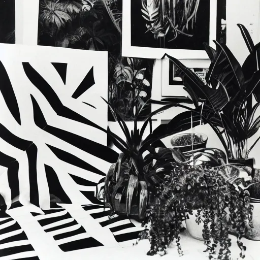 Image similar to A black and white photography of an exhibition space with objects of Sun Ra, Marcel Duchamp and tropical plants, 60s, offset lithography print, close up shot