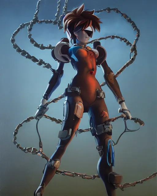 Image similar to full figure, painting of tracer from overwatch, in style of zdzisław beksinski, horror, 4 k, feminine facial features, full armor, full armor, detailed face, tall, dark ropes and chains in background