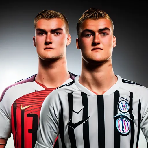 Image similar to a realistic detailed photo of a guy who is an attractive humanoid who is half robot and half humanoid, who is a male android, soccer player matthijs de ligt, shiny skin, posing like a statue, blank stare, in a living room, on display, showing off his muscles, with a twin