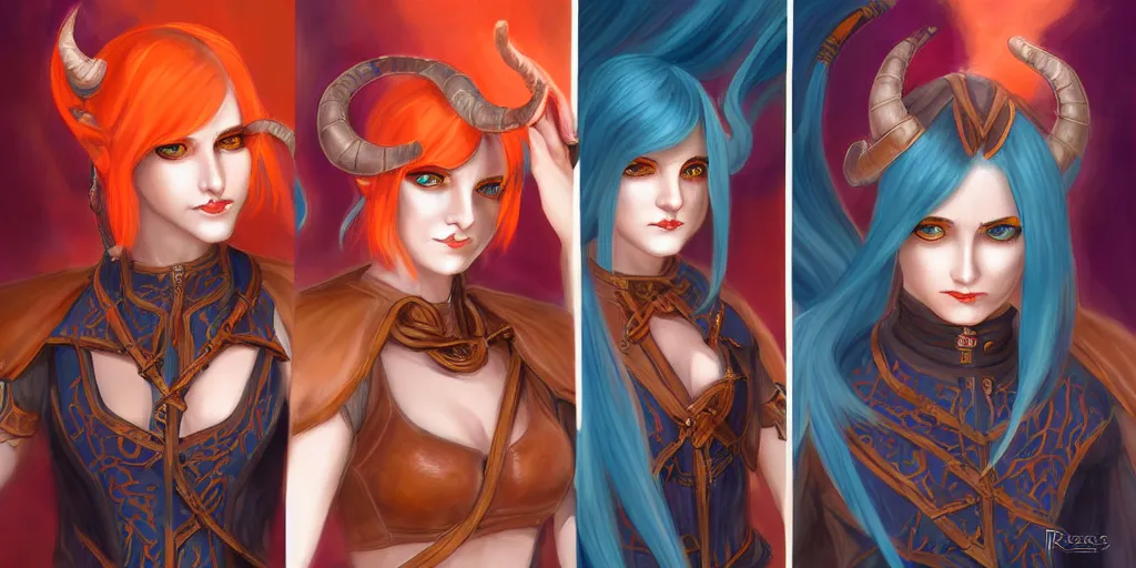 Prompt: triptych of youthful female feminine horned tiefling female bard with long bob cut blue hairstyle, her skin is orange and pale, she has immaculate skin and her eyes are pure black orbs and she is wearing colorful leather armor by rossdraws,