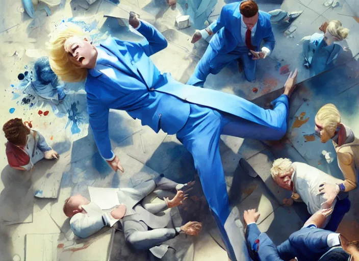 Image similar to a blond man in a blue suit wounded surrounded by a crowd, organic painting, sunny day, matte painting, bold shapes, hard edges, street art, trending on artstation, by huang guangjian, gil elvgren, ruan jia, randy vargas, greg rutkowski