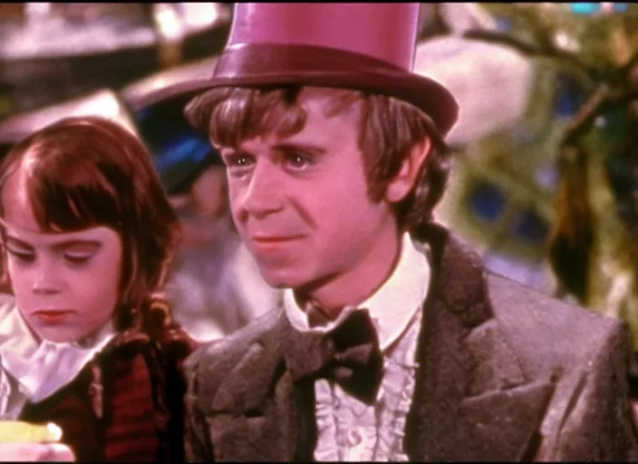 Prompt: film still of Jack from titanic in Willy Wonka's and the Chocolate Factory 1971