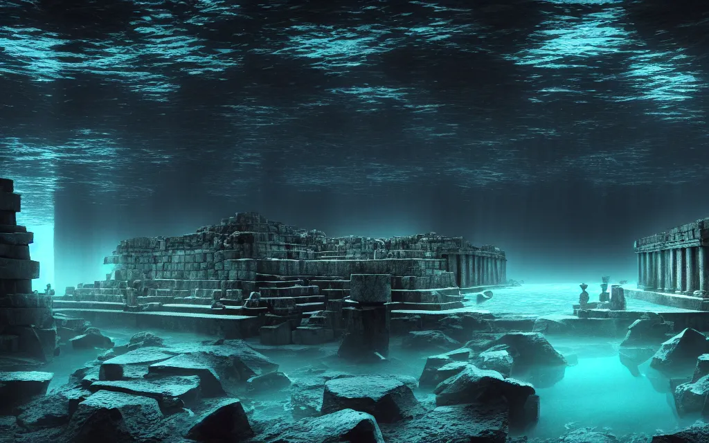 Image similar to wide shot, submerged pre - incan temple, dark, grenada underwater sculpture park, symmetrical, bubbles, abyss, anime style mixed with fujifilm, detailed gouache paintings, stylized, dark, murky, foggy, atmospheric, artstation, cgsociety, octane render, cgi, unreal engine 5, denoise, cinematic masterpiece