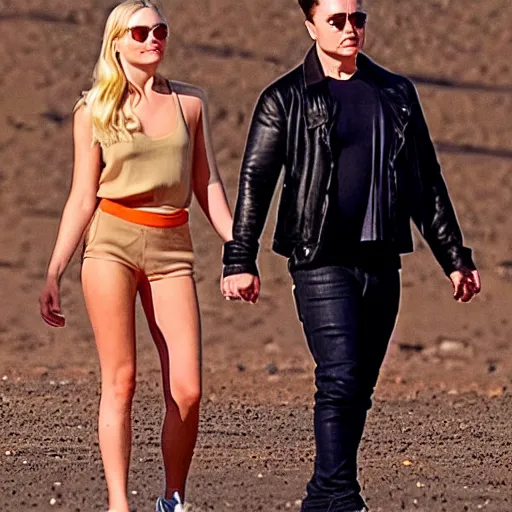 Image similar to elon musk and margot robbie holding hands on mars, highly detailed, hyper realistic