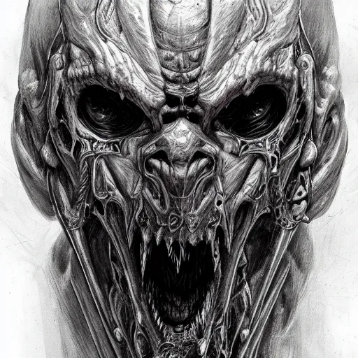 Prompt: iconic biomechanoid hybrid infected demon sentinel head album hyper detailed concept art crosshatch sketch illustration art style by Jonathan Wayshak and Toshihiro Egawa and Zdizslaw Beksinski and Artstation trending 8k