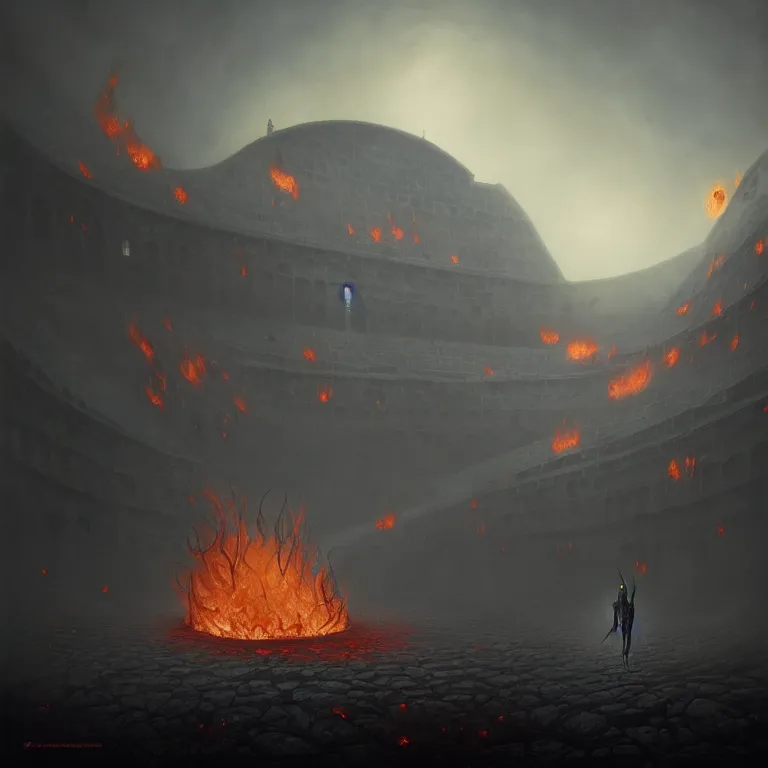 Prompt: one lone singular swirling otherworldly demonic figure shrouded in flames emerges from extensive barren grey charcoal volcanic, flames, matte painting by peter mohrbacher and filip hodas, background colosseum!, godrays, high contrast, highly detailed