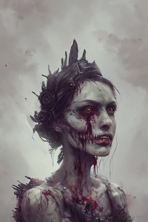 Prompt: A fancy portrait of a zombified women by Greg Rutkowski, Sung Choi, Mitchell Mohrhauser, Maciej Kuciara, Johnson Ting, Maxim Verehin, Peter Konig, Bloodborne, 8k photorealistic, cinematic lighting, HD, high details, dramatic, dark atmosphere, trending on artstation