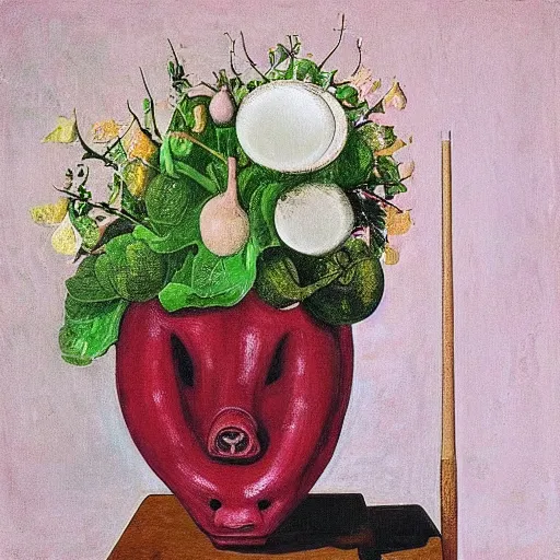 Prompt: “a portrait in an art student’s apartment, a feminine pig’s head in a large salad bowl, pomegranate, pork, ikebana white flowers, white wax, squashed berries, acrylic and spray paint and oilstick on canvas, by munch and Dali”