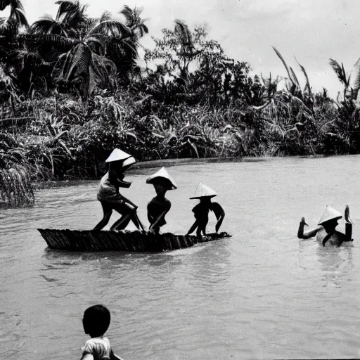 Prompt: image of a south vietnamese mother and children trying to swim across the river to escape the assault operation piranha by kyochi sawada