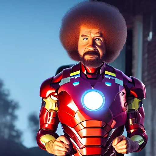 Image similar to a still of Bob Ross as Ironman. Magic Hour. Professional photography, 4K. Mood