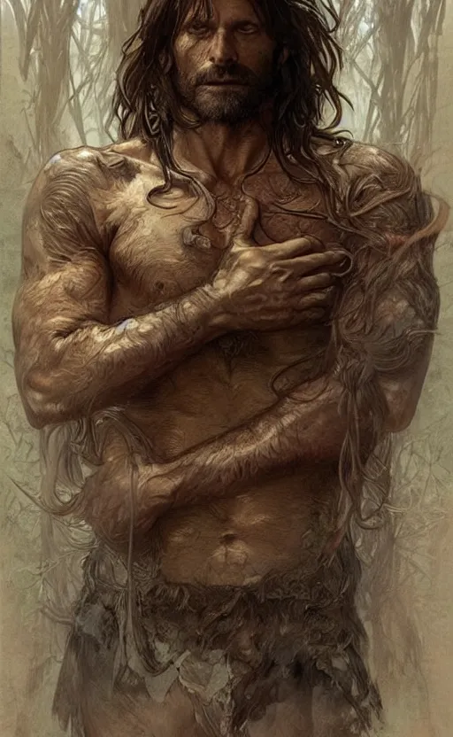 Prompt: portrait of the god of the forest, 40 years old, long hair, rugged, male, gorgeous, detailed face, amazing, exposed thighs!!!!!!, muscular, intricate, highly detailed, digital painting, artstation, concept art, sharp focus, illustration, art by greg rutkowski and alphonse mucha