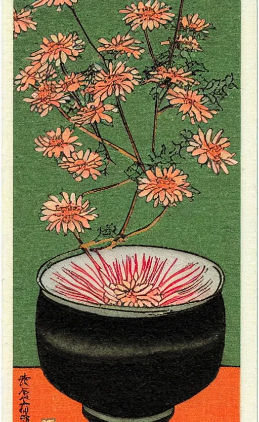 Prompt: by akio watanabe, manga art, chrysanthemum flower inside small japanese sake cup, trading card front