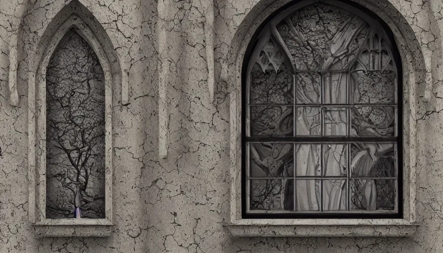 Prompt: Window of a Neo-Gothic castle with a shadow behind, horror, hyperdetailed, artstation, cgsociety, 8k