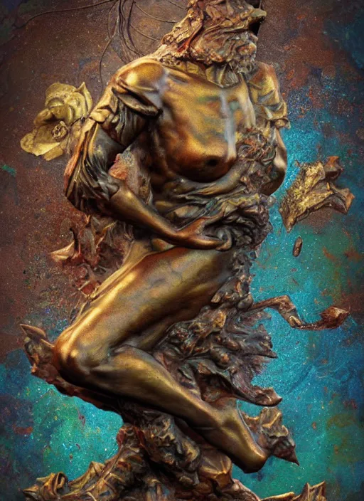 Image similar to An epic fantastic realism comic book style painting of a distressed bronze sculpture from the future by Stanislaw Szukalski, beautiful colorful flowers rain down, gilded marbled paper background, fisheye lens, unreal 5, DAZ, hyperrealistic, octane render, dynamic lighting