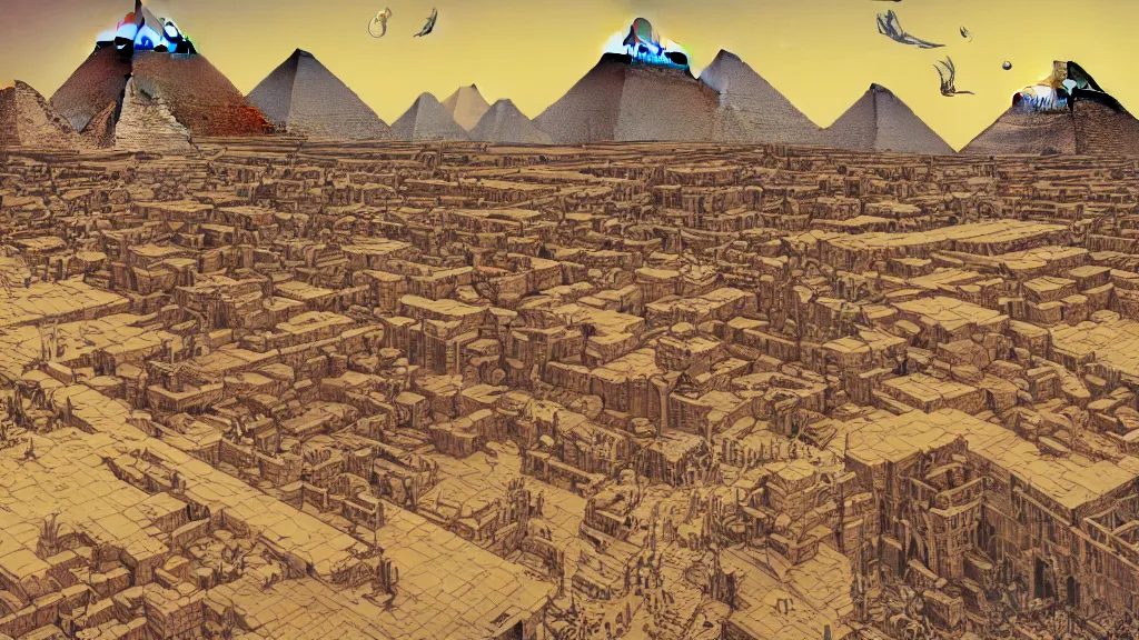 Prompt: highly detailed illustration the pyramids of giza by moebius, nico delort, oliver vernon, kilian eng, joseph moncada, damon soule, manabu ikeda, kyle hotz, dan mumford, otomo, 4 k resolution