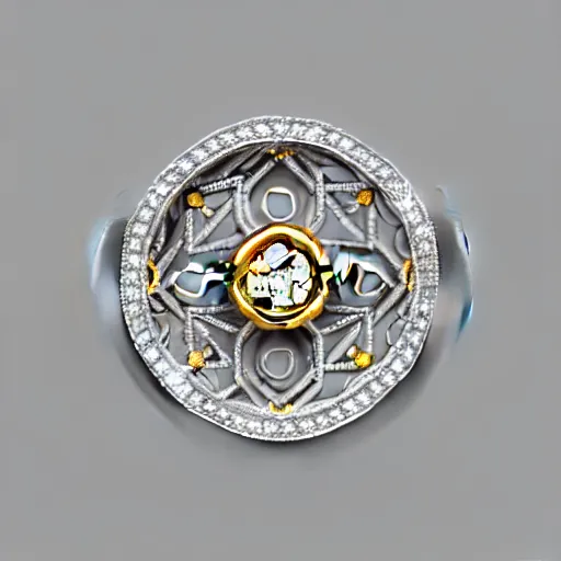 Image similar to intricate!! nordic ring and necklace and ear, silver and gold and diamond, isolated on a white background and a flower in the background, refraction, occlusion, filigree, lower and upper levels, keyshot render, octane render, vray render