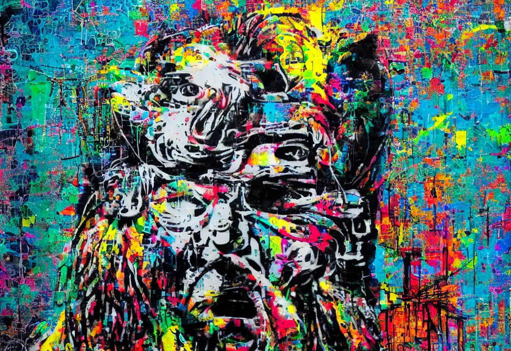 Image similar to full color banksy graffiti with statement of ai art is not art, detailed, realistic, glitch art effect