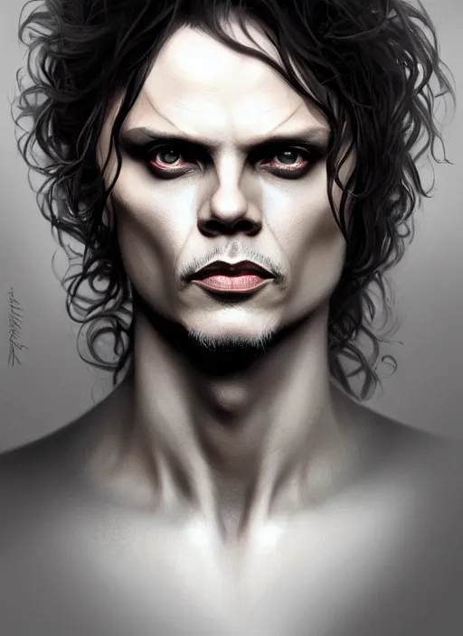 Image similar to ville valo, male, portrait, intricate, highly detailed, digital painting, artstation, concept art, wallpaper, smooth, sharp focus, illustration, art by artgerm and greg rutkowski and alphonse mucha